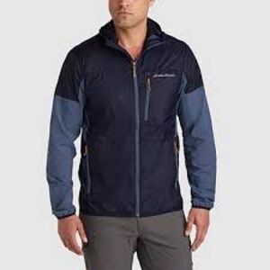 Eddie Bauer Men’s Radius Hybrid Jacket, Windbreaker,Blue, Size Large, Hooded EUC